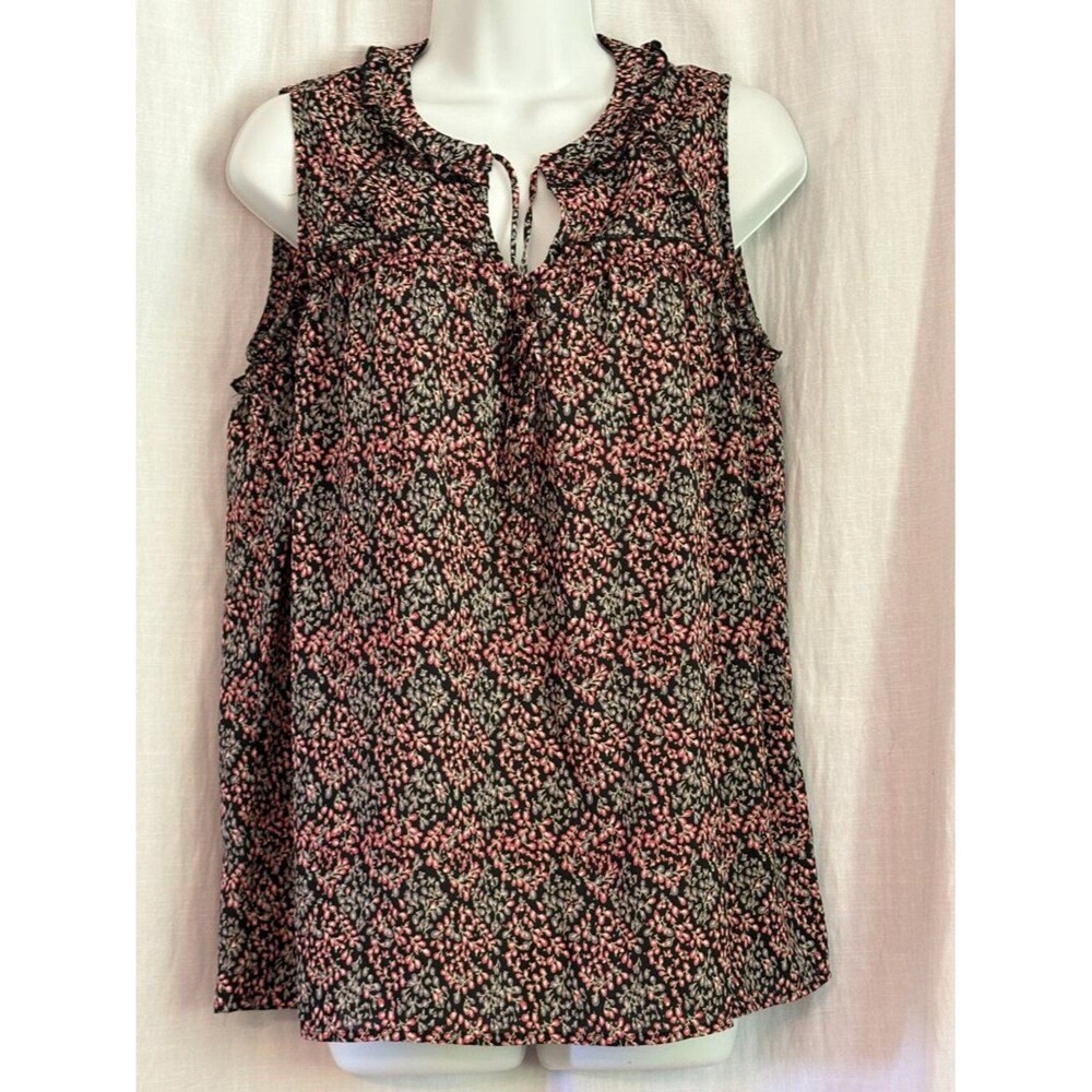 PLEIONE Colorful, Sleeveless, Flower Buds on Vines, V-neck Tie Blouse, Size SP